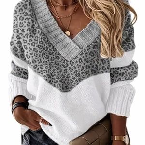 Women's GREY Leopard Print V Neck off the shoulder sweater v-neck - amazing